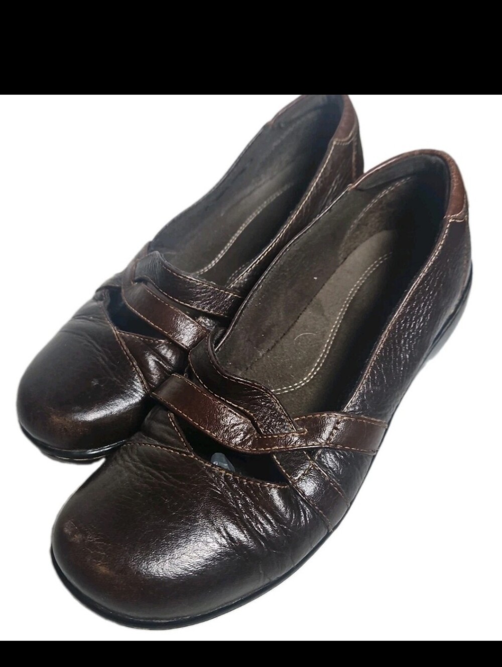 Clarks Bendables Women 8M Brown Leather Mary Jane Cross Strap Shoes Flat[7E